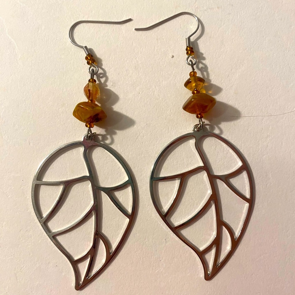 Amber and Glass Leaf Earrings - Picture 3 of 8